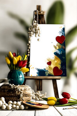 Blank white canvas on wooden easel surrounded by yellow tulips and red heart shapes.