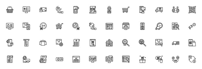 Ecommerce icon set. Online shopping vector icons. Includes shopping cart, payment, delivery, logistics, tracking, promotion and more. Editable stroke.