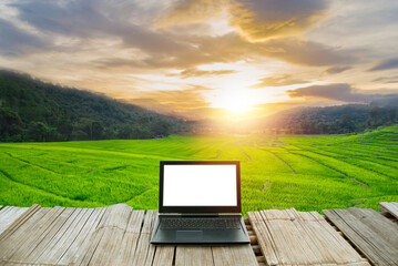 Laptop with blank screen on bamboo table overlooking green rice terraces and mountains at sunset. Concept for digital nomad and remote work.