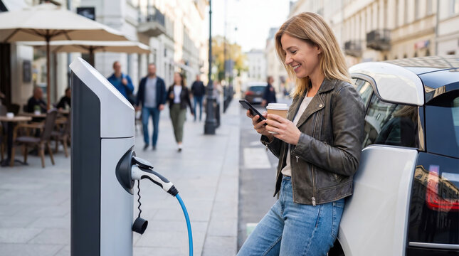 Smiling woman against her electric vehicle with a coffee in one hand while it charges, showing a relaxed and modern lifestyle in a city setting.