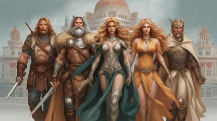 Epic fantasy king with loyal warriors and majestic dragons symbolizing leadership power and protection, cinematic illustration, Generative AI