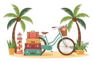 Tropical beach scene with bicycle and gifts isolated on a transparent background