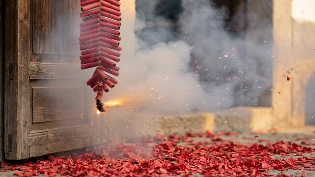 A burst of vibrant energy, where firecrackers ignite, sending sparks flying and smoke billowing, against a backdrop of ancient structures and cobblestone.