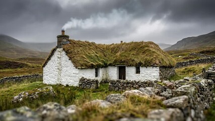 A charming rustic cottage nestled amidst a rugged, windswept landscape. The humble dwelling exudes warmth and history, with a thatched roof, stone wall.