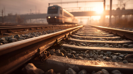 Train approaching on railway tracks at sunset