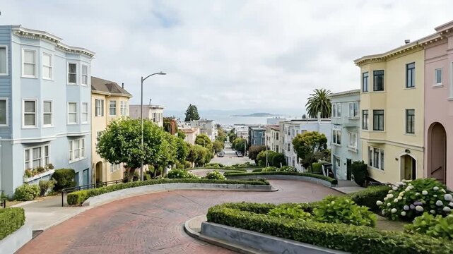 Iconic Winding Street with Colorful Victorian Houses and Bay View