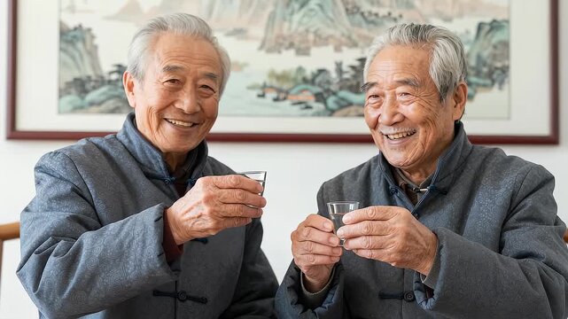 Two senior men in traditional Tang suits toasting and smiling together