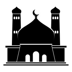 Mosque architecture silhouette icon vector illustration flat design with minarets and dome crescent moon for Islamic religious events Ramadan Kareem Eid al-Fitr celebrations isolated.