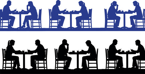 Silhouettes of people sitting at tables in two rows engaged in quiet conversations and activities