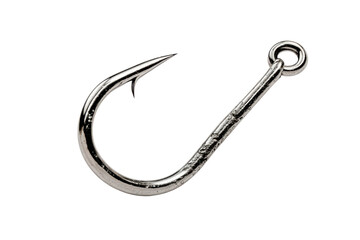 Single silver fishing hook with sharp point and eyelet on black background metal