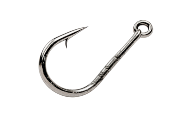 Single silver fishing hook with sharp point and eyelet on black background metal