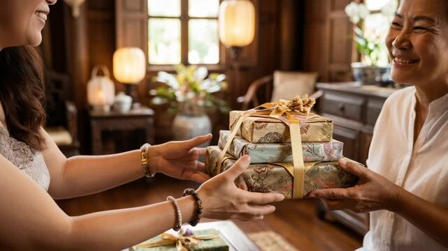 A tender moment is captured as one woman gracefully offers a stack of beautifully wrapped gifts to another, against a backdrop of cozy interior ambiance.