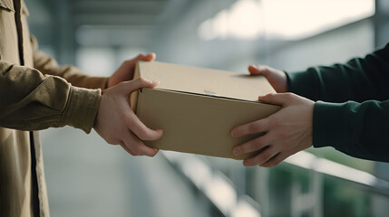 Person receiving brown cardboard box package from courier