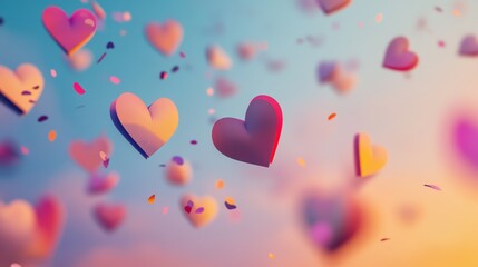 Floating three dimensional pink hearts drift through soft pastel hazy light