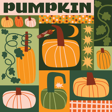 Abstract Pumpkin Patchwork Poster. Retro Autumn Collage with Bird, Moon, and Stars.