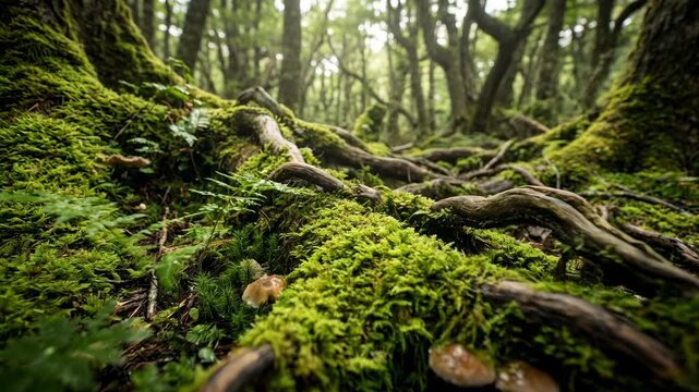 A mystical forest floor, bathed in soft, natural light, showcases intricate root systems interwoven with vibrant moss, creating an enchanting scene of natural beauty and tranquility.