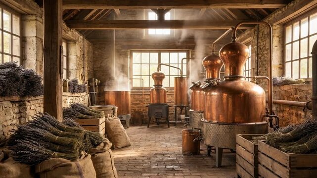 A captivating rustic distillery with antique copper stills, bathed in natural light. Capturing the essence of tradition and the art of crafting fine spirits.