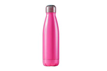 Bright pink metal water bottle with silver cap isolated on black background image