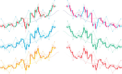 Multi Color Technical Analysis Candlestick Chart Set Showing Market Trends and Price Movement for Trading Concepts Vector