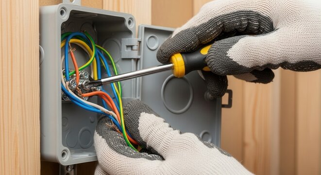 Electrician working on wiring in a junction box with gloves in a home setting