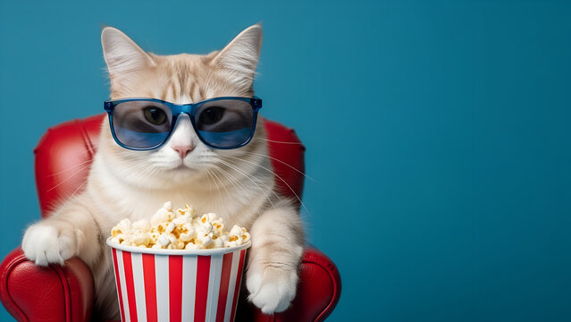 A cute cat wearing blue 3D glasses sits in a red armchair holding a bucket of popcorn, ready for a movie night