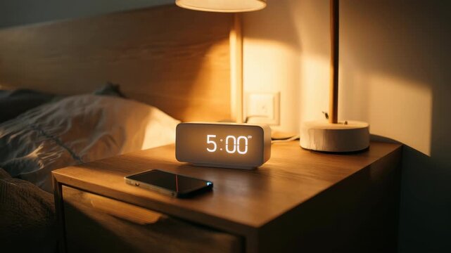 Waking up at five o'clock and turning off the alarm in a bedroom setting