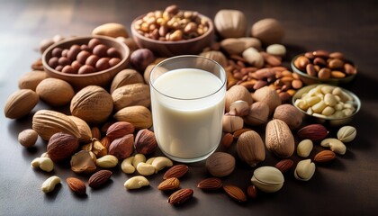 healthy drink made with nuts featuring a glass of nut milk surrounded by assorted nuts