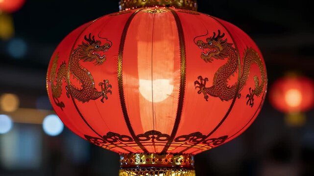 Close up of traditional Chinese New Year red lantern with dragon patterns