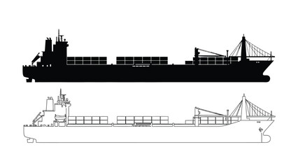 cargo ship silhouette and detailed line drawing side views © Design lens