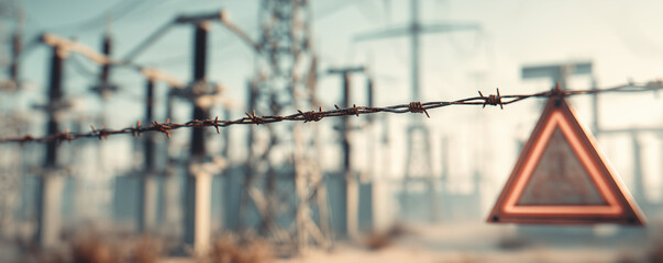 Grid power substation with transformers and blurred coils in the foreground showing safety warning signs