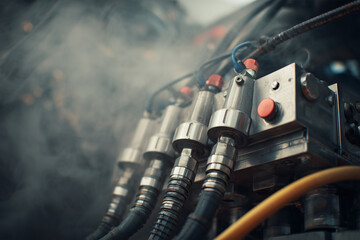 Hydraulic system with pumps and hoses in operations, showing close-up details and connections throughout the area