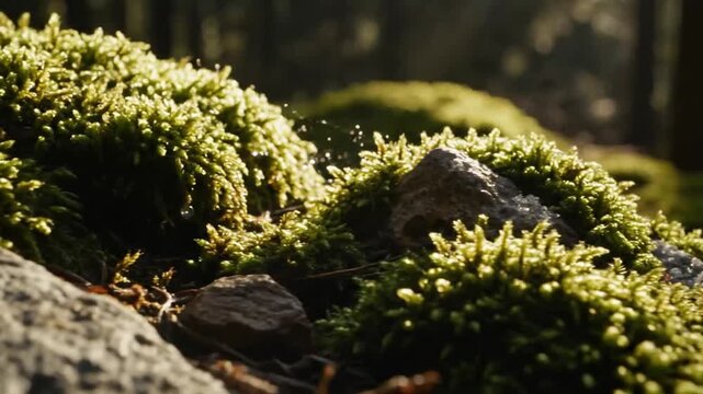 Mossy Stone Close Up In A Forest Glade With Glistening Dew Drops In Natural Light