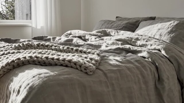 Cozy bedroom with rumpled linen bedding, knitted throw, and natural light