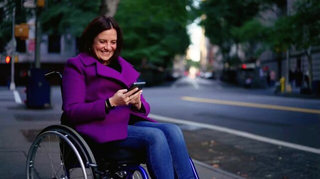 Disabled woman in wheelchair using smartphone on city street