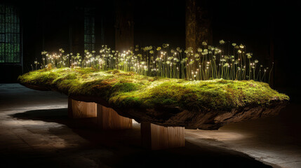 Obraz premium Ethereal flowers sprout from a moss-covered platform, softly lit in a gallery setting; nature and design converge to symbolize renewal, serenity, and sustainable aesthetics for modern interiors