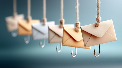 Minimal concept of colorful envelopes hanging on hooks symbolizing communication choices messaging options and decision making in modern business correspondence, Generative AI