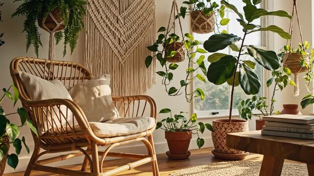 Cozy bohemian living room corner with rattan chair, macrame wall hanging, and lush green plants.