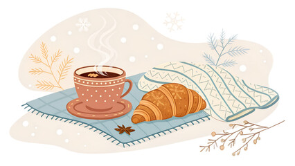 Cozy Winter Morning Coffee Croissant Blanket Aesthetic cozy, winter, morning, coffee, croissant, blanket, aesthetic, warm, hygge, breakfast, tea, muffin, spices, cinnamon, autumn, relax, comfort