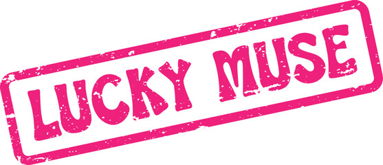 Vibrant pink rubber stamp with distressed texture showing LUCKY MUSE text