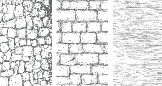 Detailed hand drawn stone wall texture and wood grain pattern in monochrome style backgrounds and brick