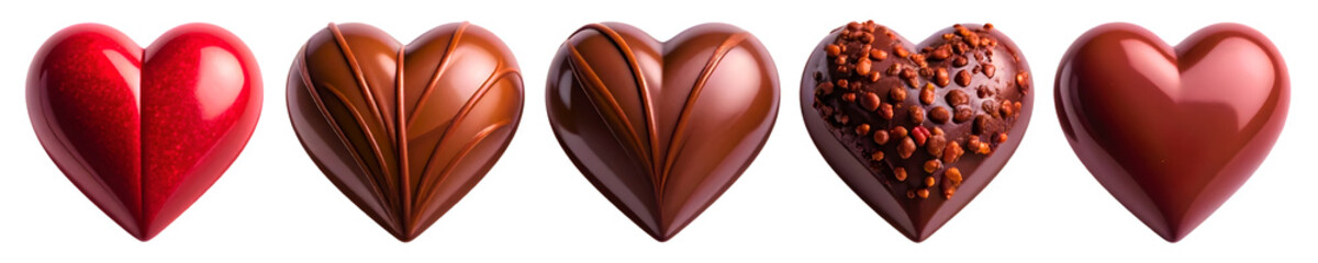 Obraz premium Collection set of heart-shaped chocolates, isolated on transparent background for valentine's day