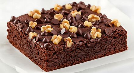 Close up of a chocolate brownie with walnuts and chips