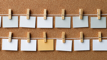 Blank note card display on cork board startup + deal + structure concept with clothespin string and organized neutral cards