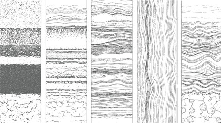 Diverse geological soil layers and natural wood grain textures rendered in monochrome line style with varying textures and organic formations