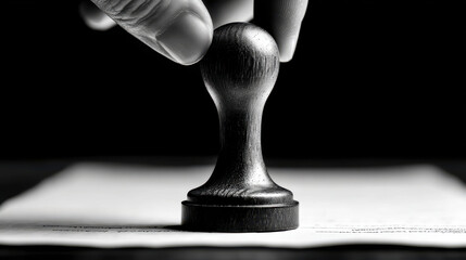 Wooden seal stamp pressed on document in business startup deal structure with confident hand signing agreement