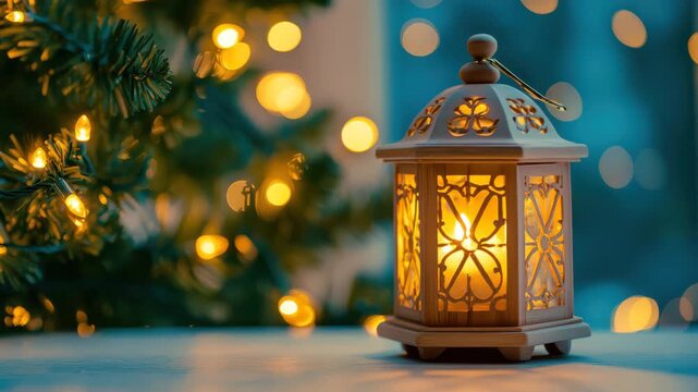 Cozy holiday scene with an ornate lantern glowing softly beside a festive Christmas tree adorned with twinkling lights