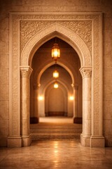 Fototapeta premium Symmetrical view through multiple stone arches with glowing lanterns hanging in a grand palace hallway