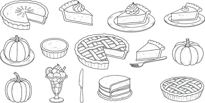 Collection of hand drawn pumpkin pie and sweet dessert doodle illustrations