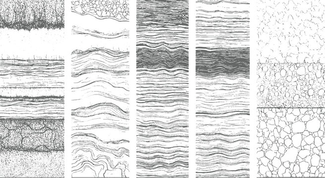 Assortment of monochrome line displaying geological strata soil layers and organic wood grain textures with intricate repeating patterns