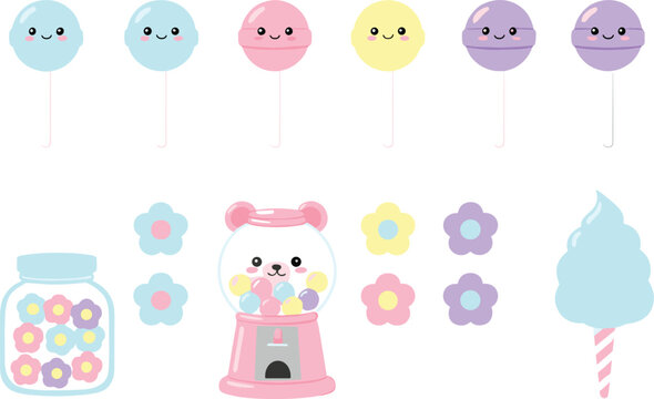 Cute pastel candy and sweets elements set with smiling faces flat vector illustration for kids design